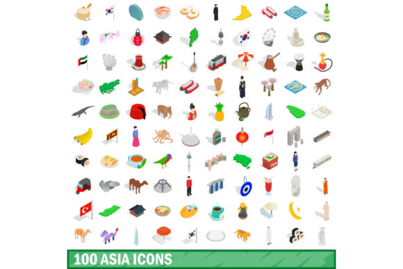 100 Asia Icons Set, Isometric 3d Style