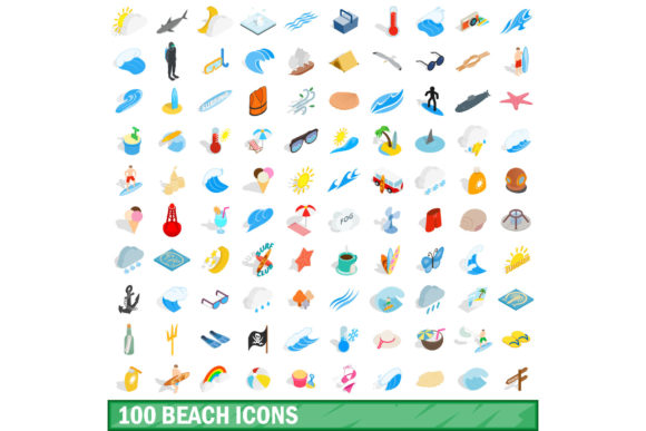 100 Beach Icons Set, Isometric 3d Style