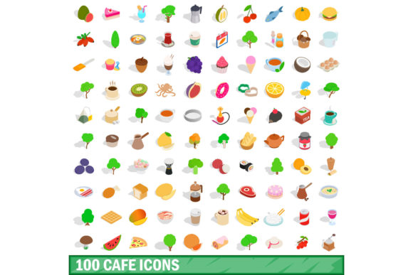 100 Cafe Icons Set, Isometric 3d Style