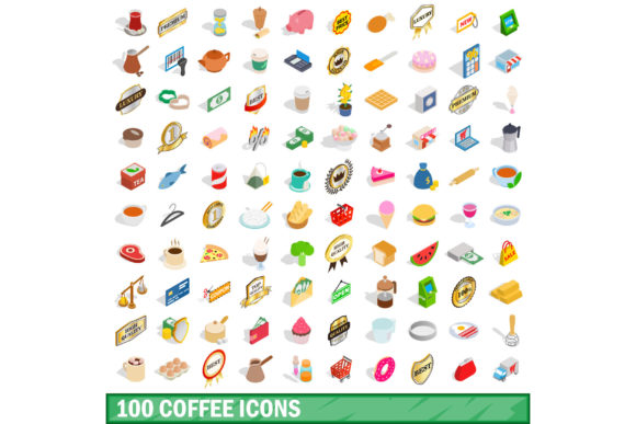 100 Coffee Icons Set, Isometric 3d Style