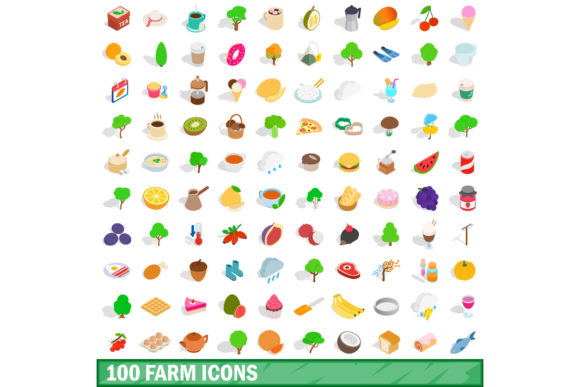 100 Farm Icons Set, Isometric 3d Style
