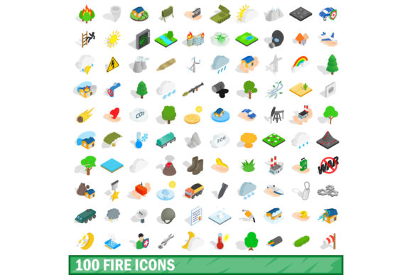 100 Fire Icons Set, Isometric 3d Style