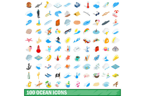 100 Ocean Icons Set, Isometric 3d Style