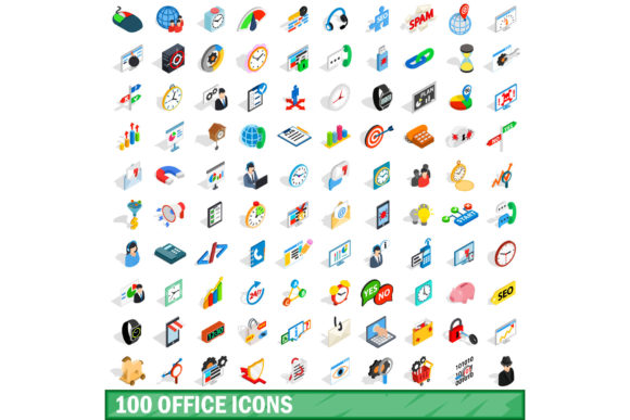 100 Office Icons Set, Isometric 3d Style