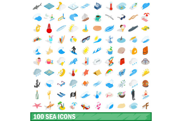 100 Sea Icons Set, Isometric 3d Style