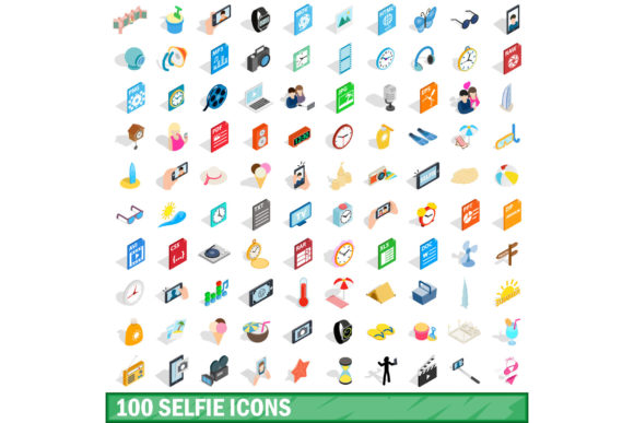 100 Selfie Icons Set, Isometric 3d Style