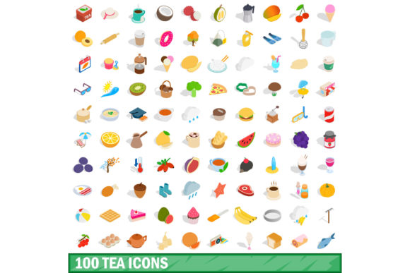 100 Tea Icons Set, Isometric 3d Style