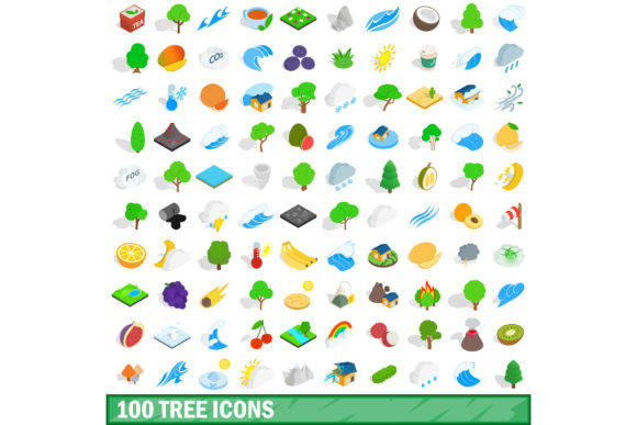 100 Tree Icons Set, Isometric 3d Style