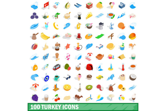 100 Turkey Icons Set, Isometric 3d Style