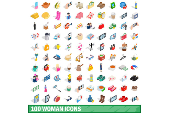 100 Woman Icons Set, Isometric 3d Style